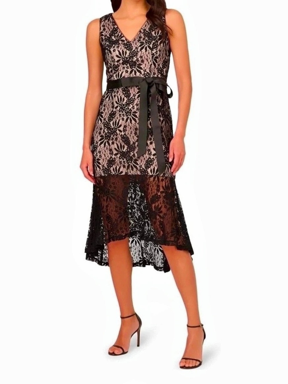 Adrianna Papell Black Lace High Low Midi Dress Size 14 NWT Formal Cocktail